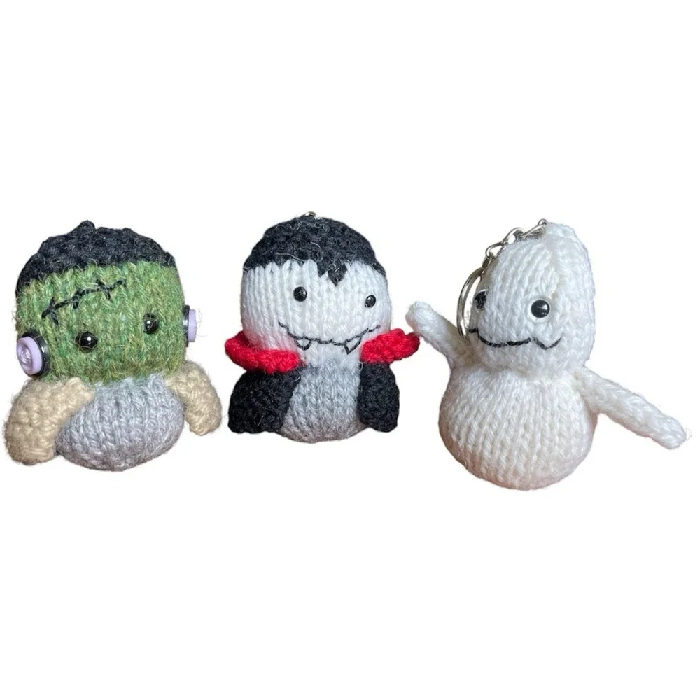 Handmade Halloween Keyring Ghost Dracula Frankestein Set of 3 Bag Charms Knitted